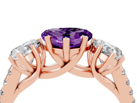 Rose gold Three-Stone Heart Cut Amethyst Ring with Pavé Band and Prong Setting_16