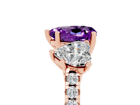 Rose gold Three-Stone Heart Cut Amethyst Ring with Pavé Band and Prong Setting_17
