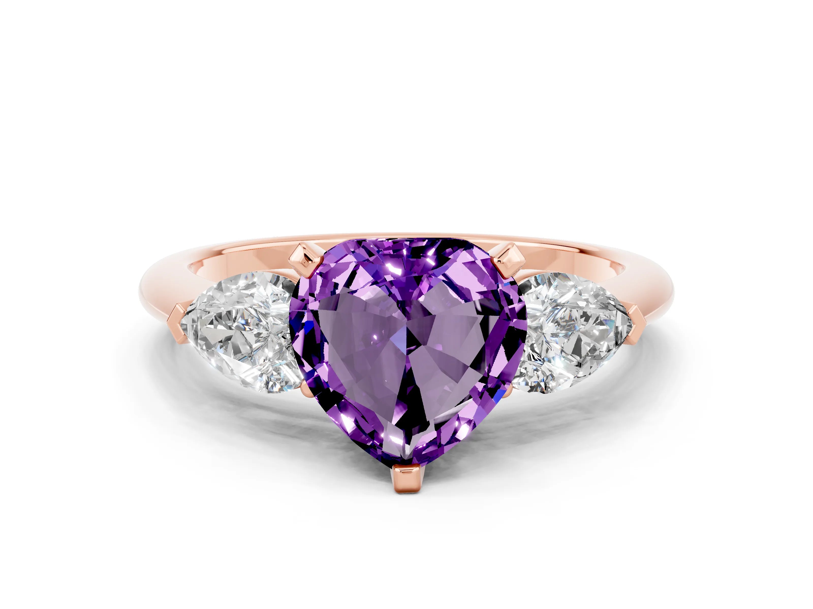 Rose gold Three-Stone Heart Cut Amethyst Ring with Pear Side Stones and Four-Prong Setting