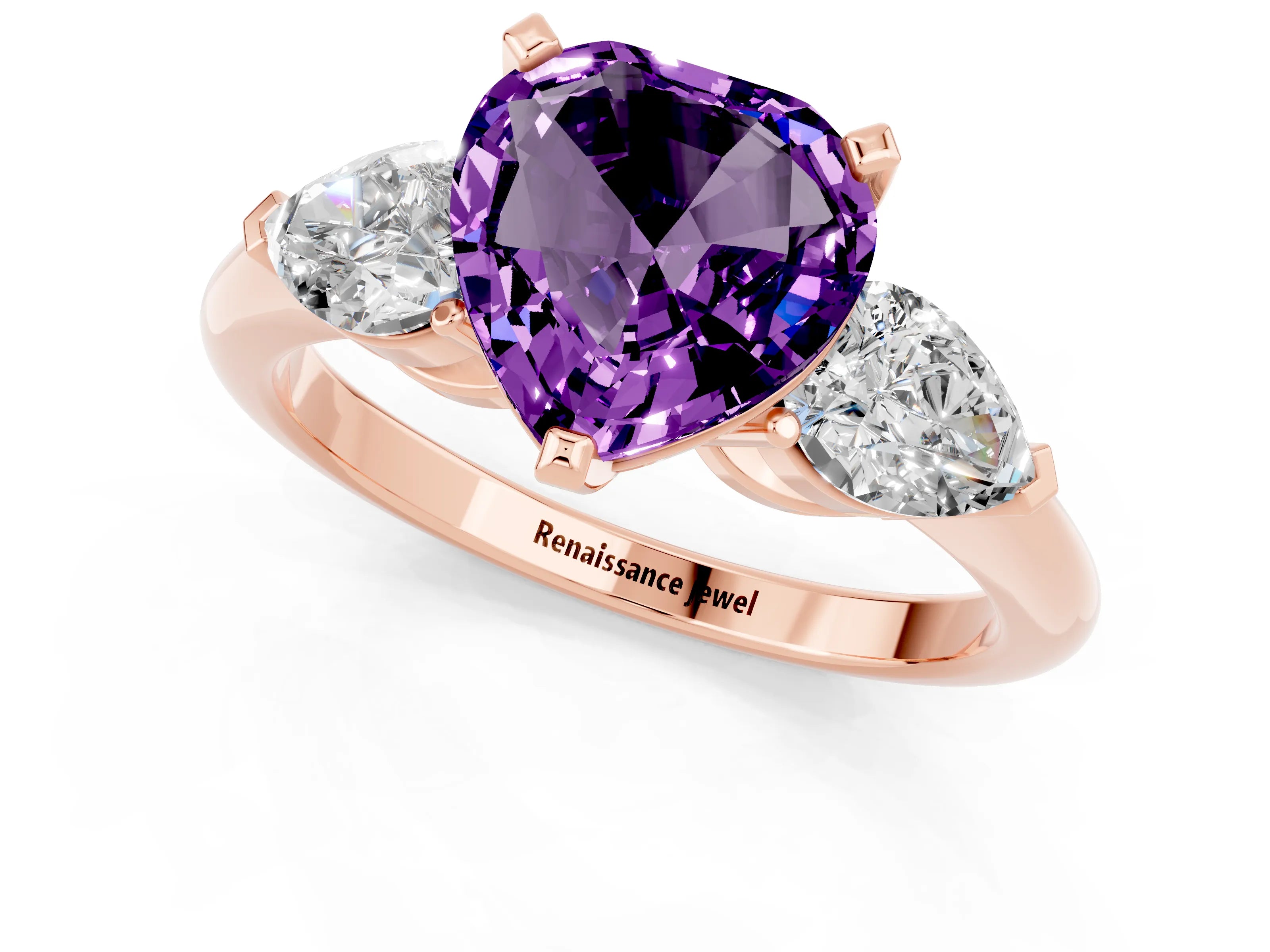 Rose gold Three-Stone Heart Cut Amethyst Ring with Pear Side Stones and Four-Prong Setting_1