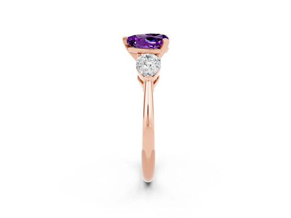 Rose gold Three-Stone Heart Cut Amethyst Ring with Pear Side Stones and Four-Prong Setting