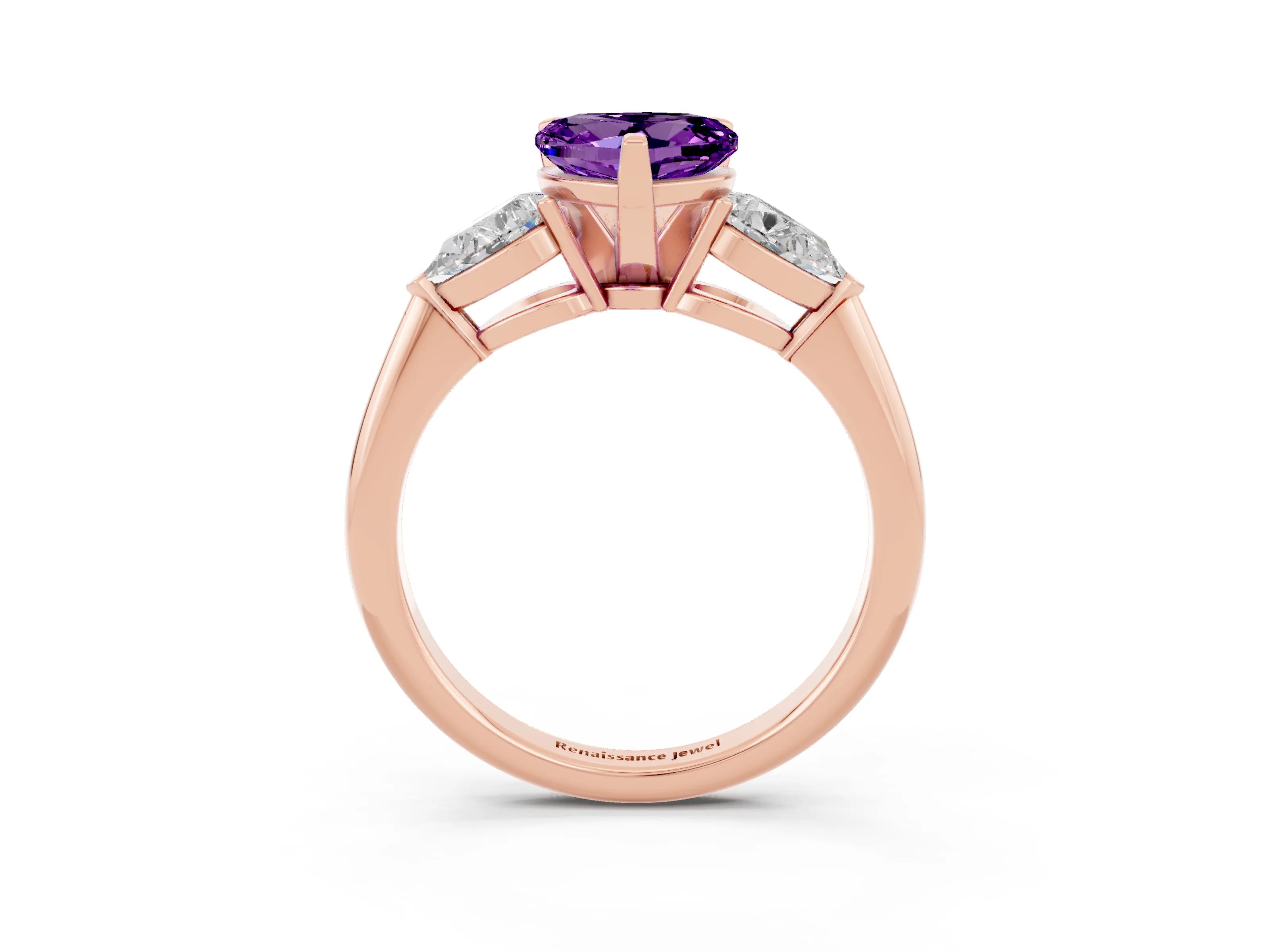 Rose gold Three-Stone Heart Cut Amethyst Ring with Pear Side Stones and Four-Prong Setting_3