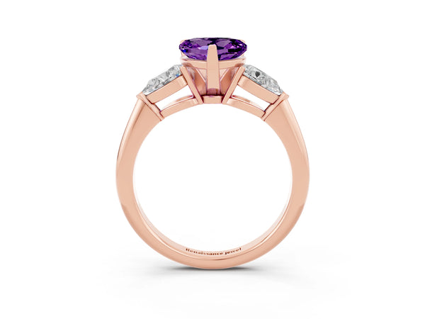 Rose gold Three-Stone Heart Cut Amethyst Ring with Pear Side Stones and Four-Prong Setting