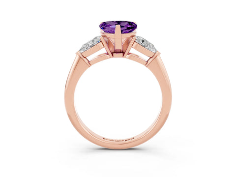 Rose gold Three-Stone Heart Cut Amethyst Ring with Pear Side Stones and Four-Prong Setting_3