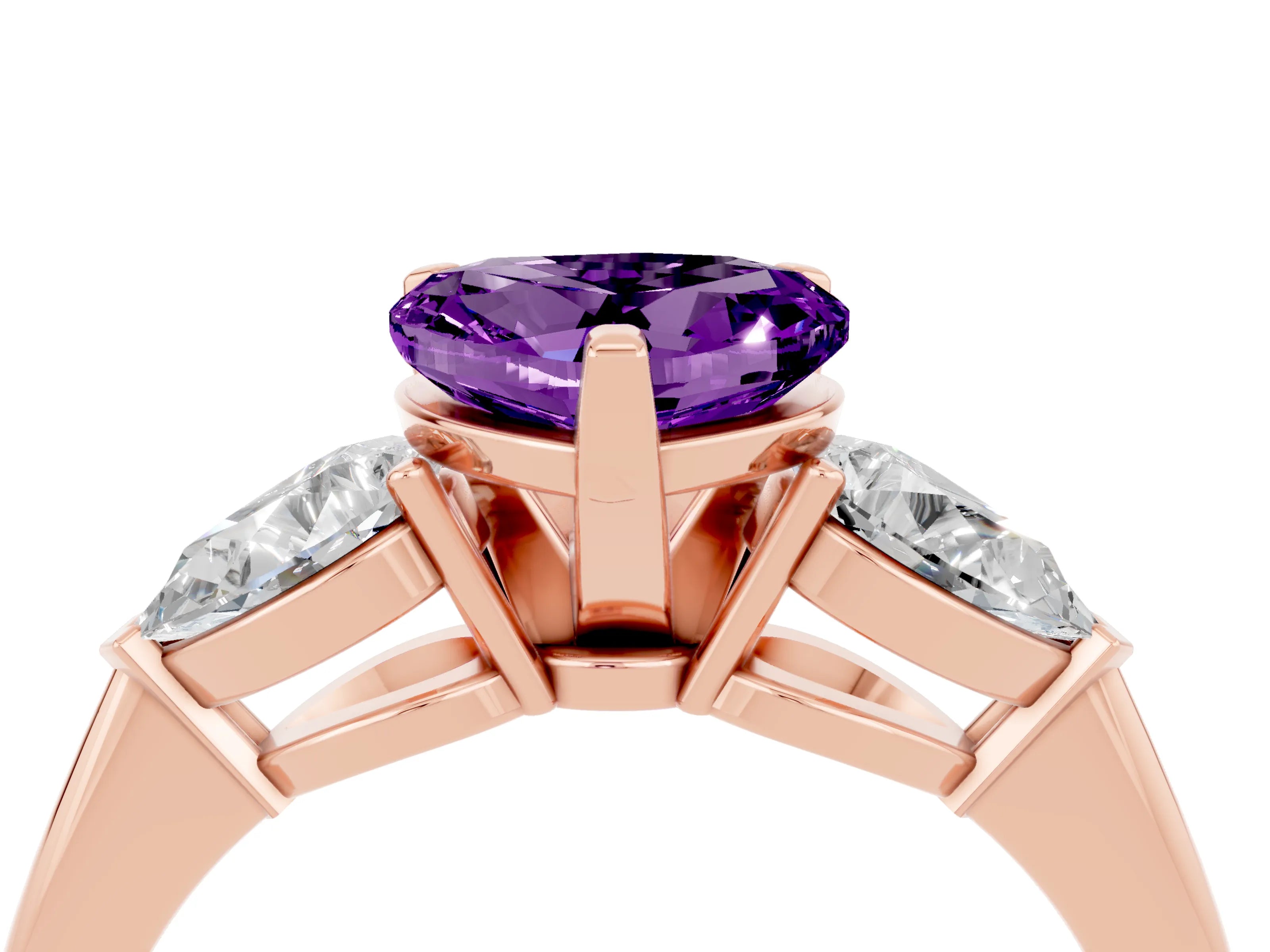 Rose gold Three-Stone Heart Cut Amethyst Ring with Pear Side Stones and Four-Prong Setting_4