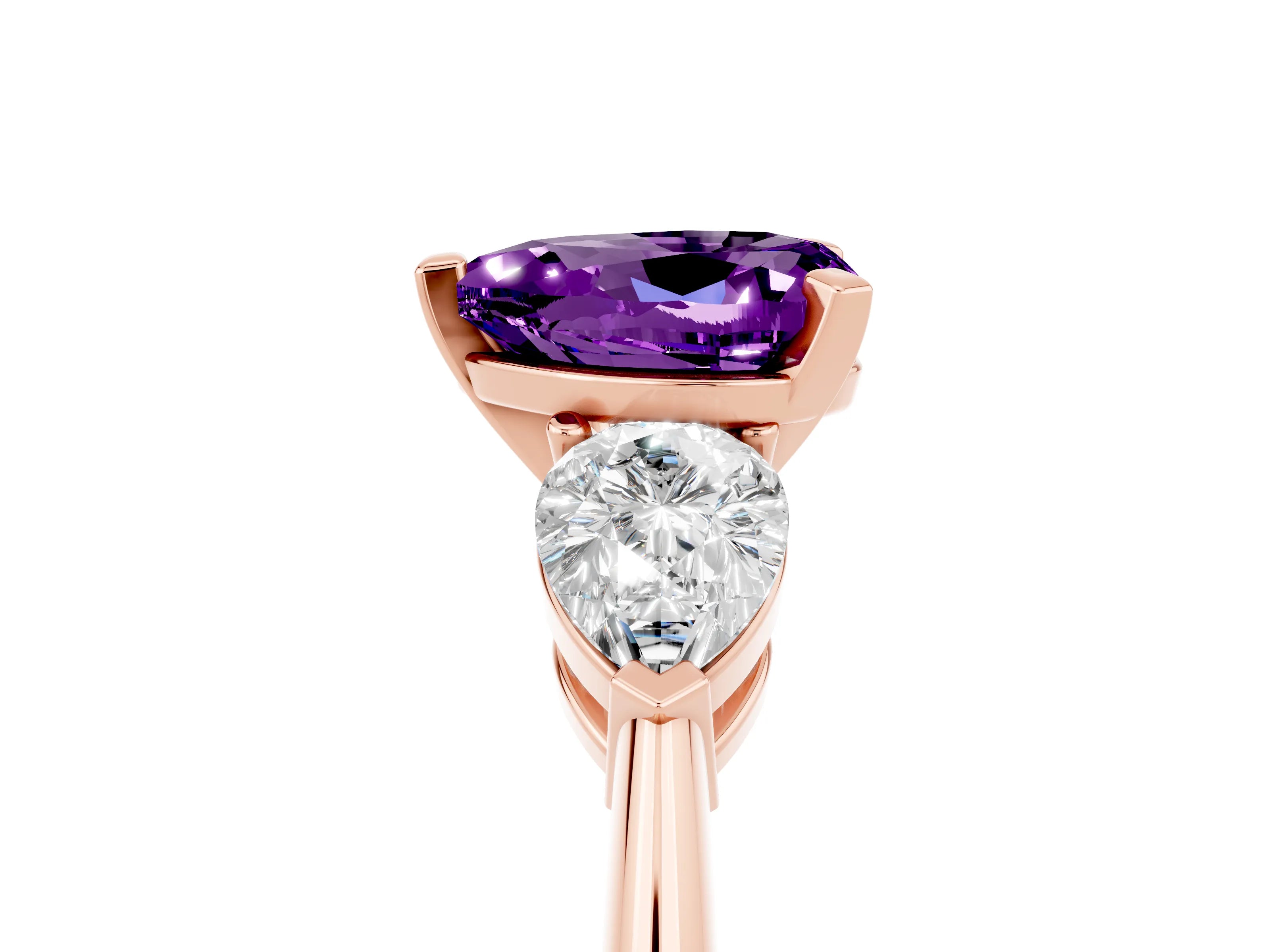 Rose gold Three-Stone Heart Cut Amethyst Ring with Pear Side Stones and Four-Prong Setting_5