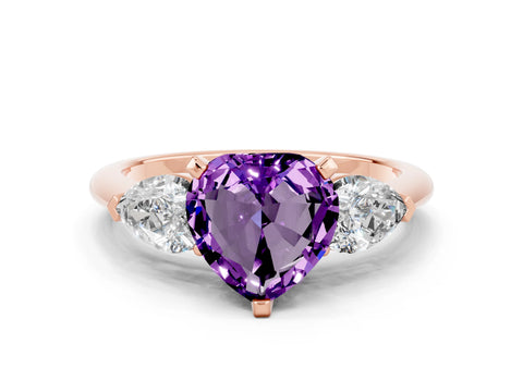 Rose gold Three-Stone Heart Cut Amethyst Ring with Pear Side Stones and Four-Prong Setting