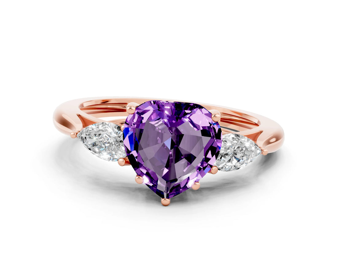 Rose gold Three-Stone Heart Cut Amethyst Ring with Pear  Side Stones in Four-Prong Setting_12