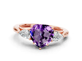 Rose gold Three-Stone Heart Cut Amethyst Ring with Pear  Side Stones in Four-Prong Setting_12