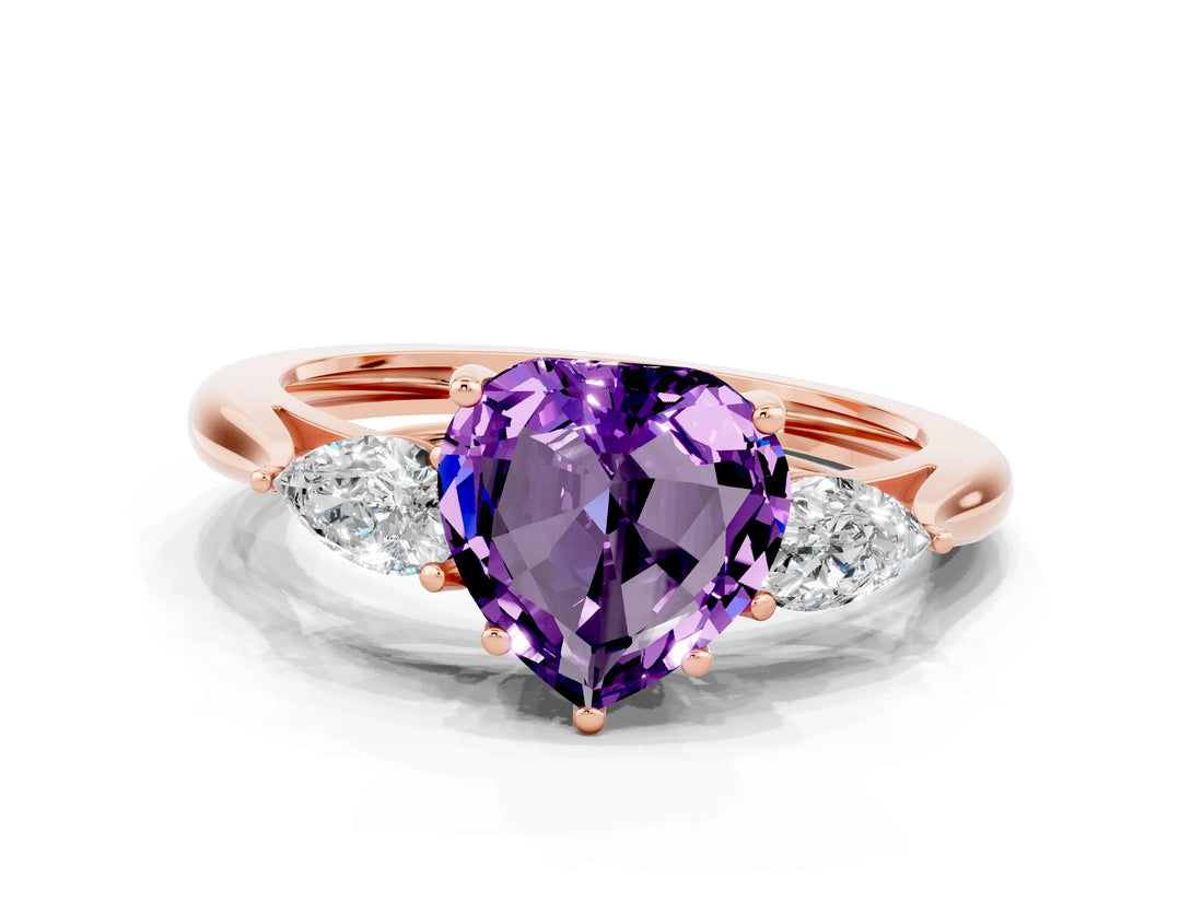 Rose gold Three-Stone Heart Cut Amethyst Ring with Pear  Side Stones in Four-Prong Setting_36