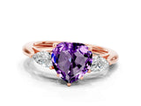 Rose gold Three-Stone Heart Cut Amethyst Ring with Pear  Side Stones in Four-Prong Setting_36