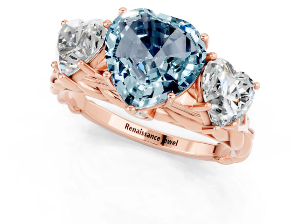 Rose gold Three-Stone Heart Cut Aquamarine Braided Band Ring with Four-Prong Setting