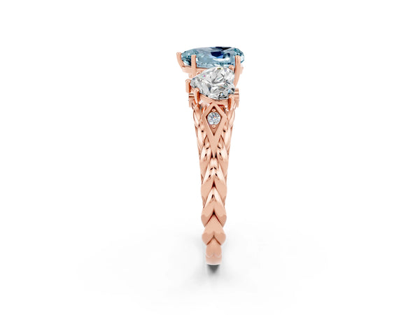 Rose gold Three-Stone Heart Cut Aquamarine Braided Band Ring with Four-Prong Setting