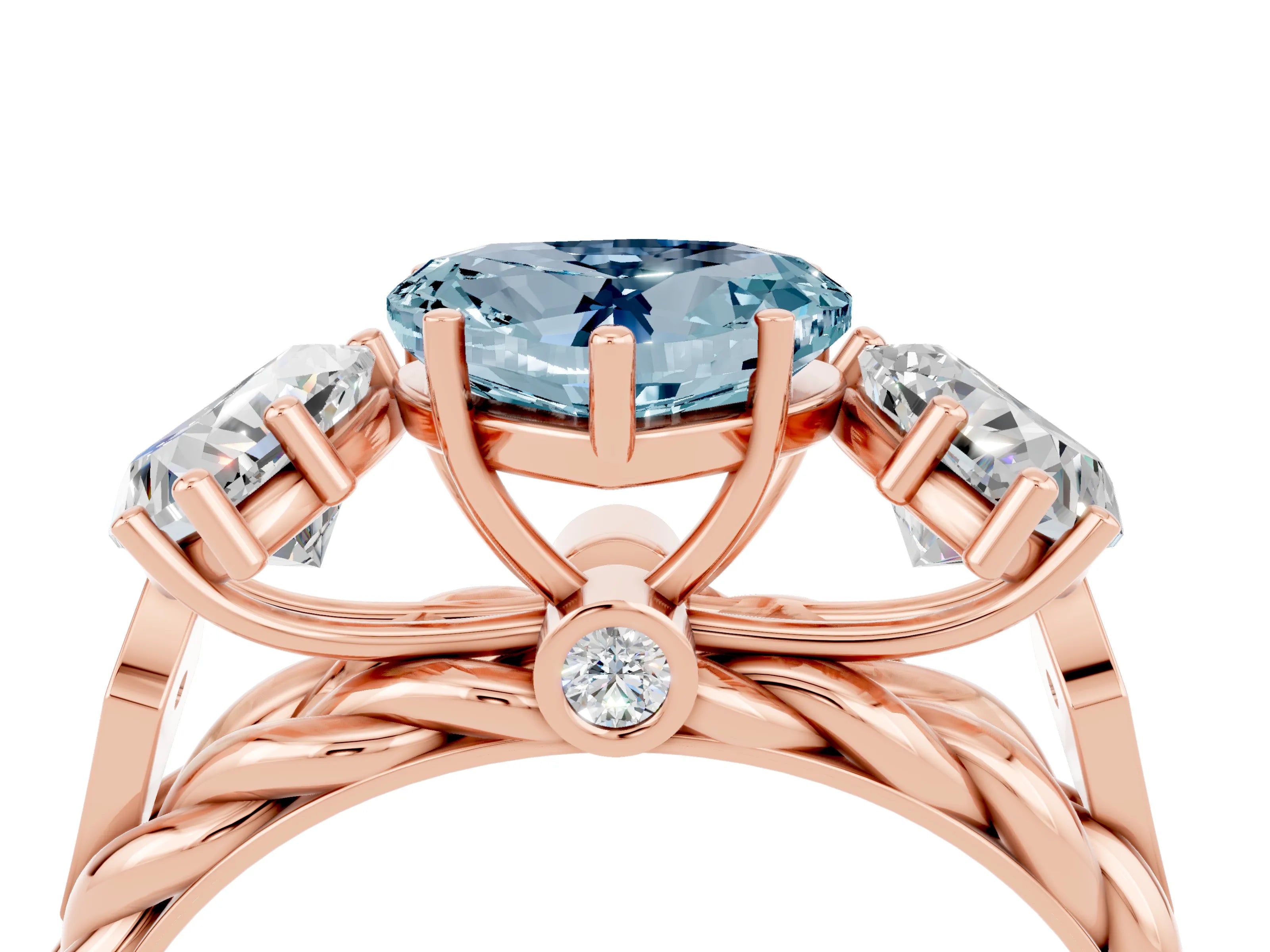 Rose gold Three-Stone Heart Cut Aquamarine Braided Band Ring with Four-Prong Setting_16