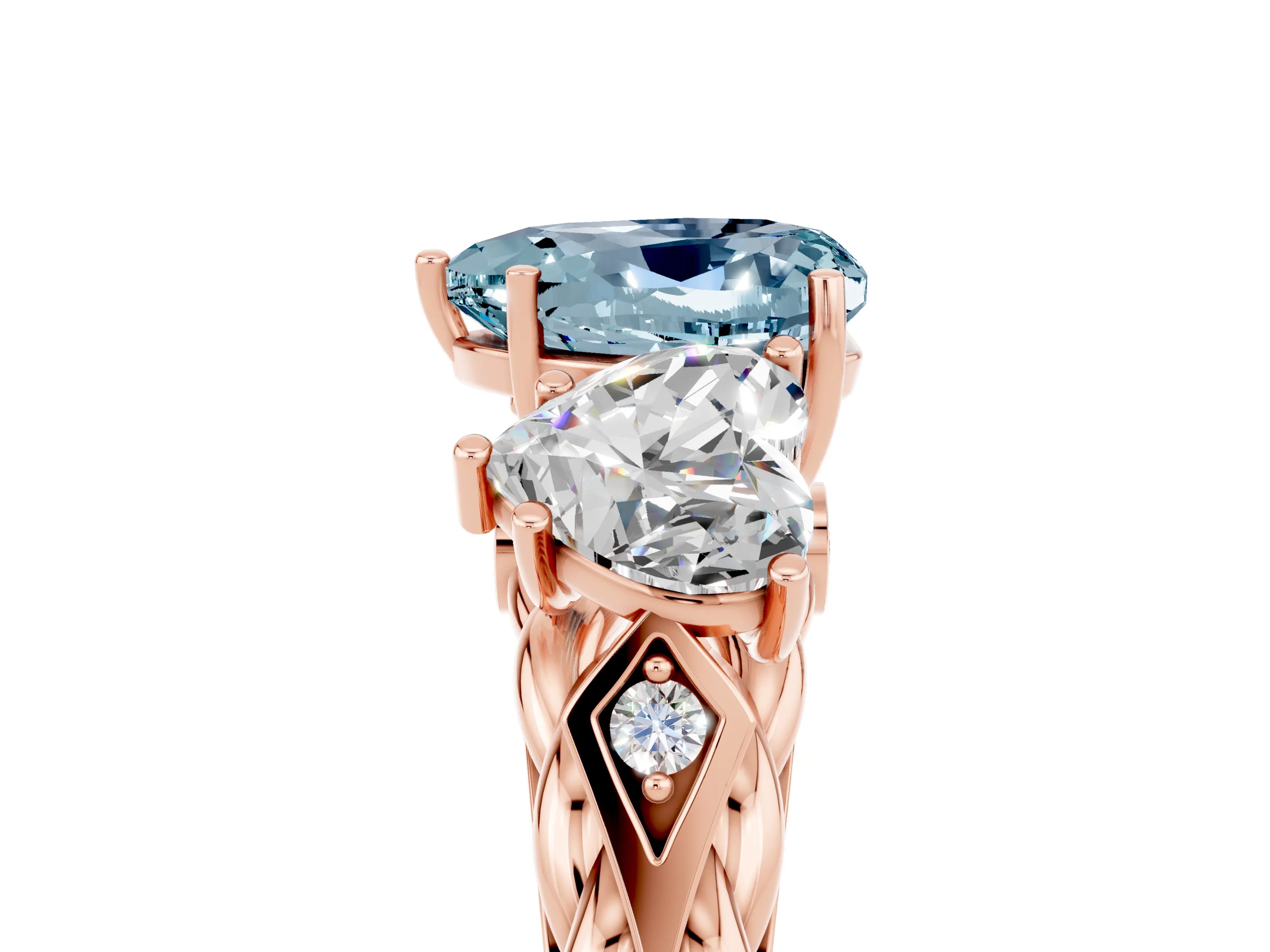 Rose gold Three-Stone Heart Cut Aquamarine Braided Band Ring with Four-Prong Setting_17