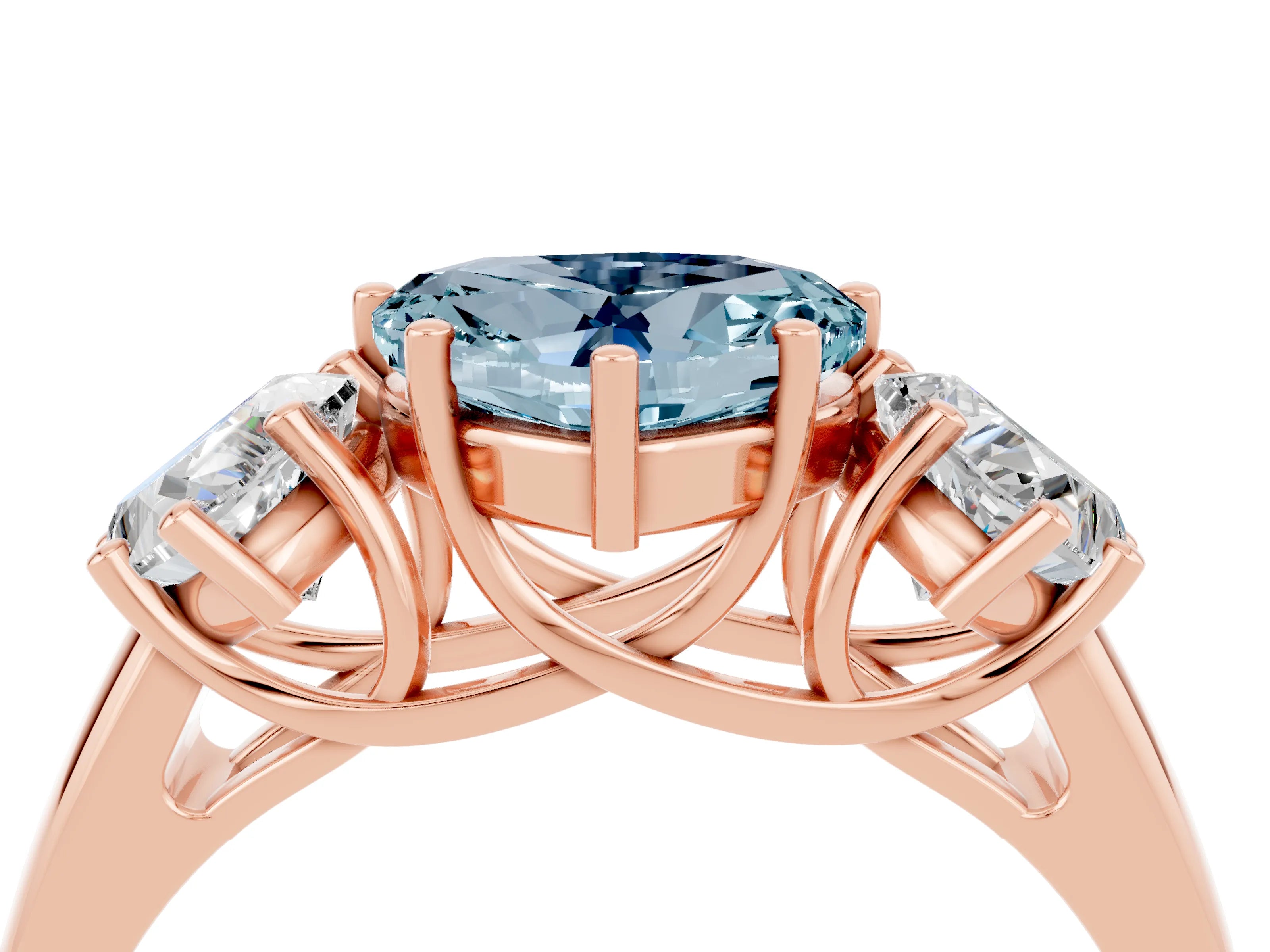 Rose gold Three-Stone Heart Cut Aquamarine Engagement Ring with Prong Setting_4