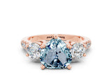 Rose gold Three-Stone Heart Cut Aquamarine Pavé Band with Four-Prong Setting