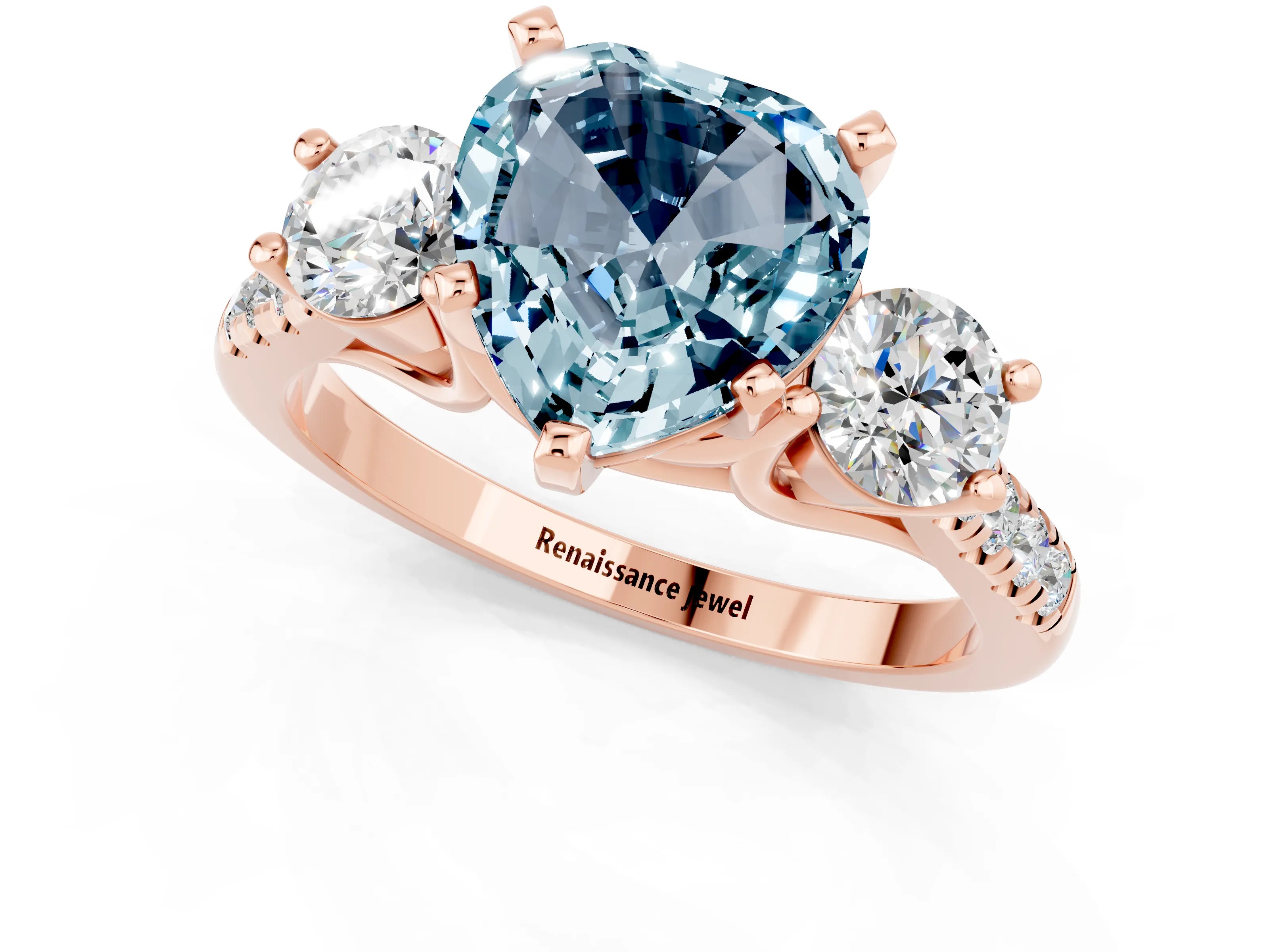 Rose gold Three-Stone Heart Cut Aquamarine Pavé Band with Four-Prong Setting_1