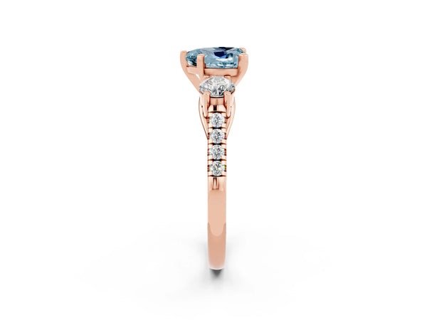 Rose gold Three-Stone Heart Cut Aquamarine Pavé Band with Four-Prong Setting