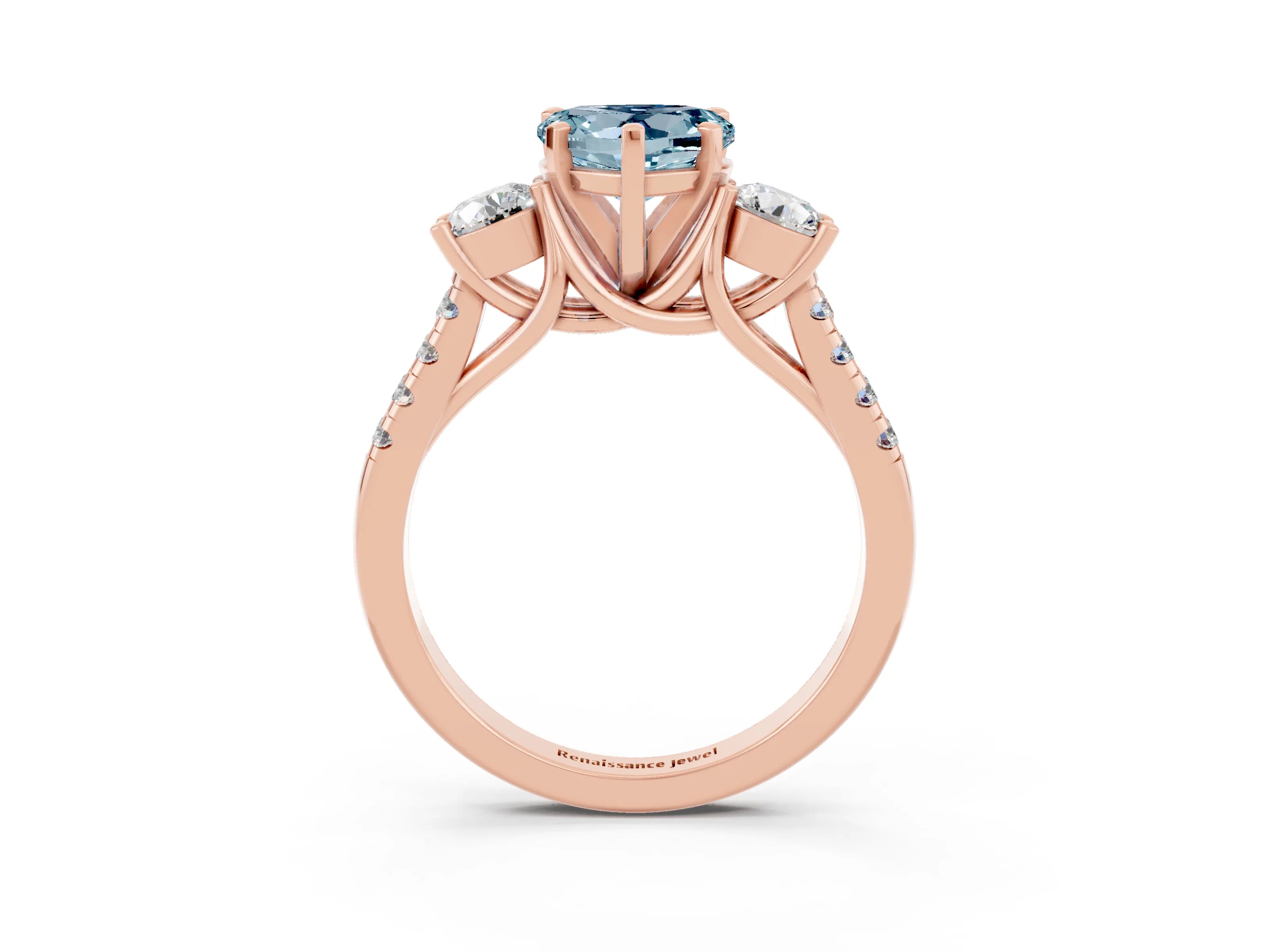 Rose gold Three-Stone Heart Cut Aquamarine Pavé Band with Four-Prong Setting_3