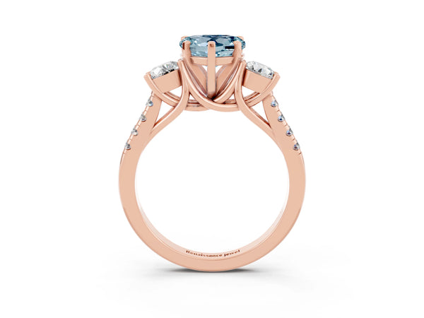 Rose gold Three-Stone Heart Cut Aquamarine Pavé Band with Four-Prong Setting