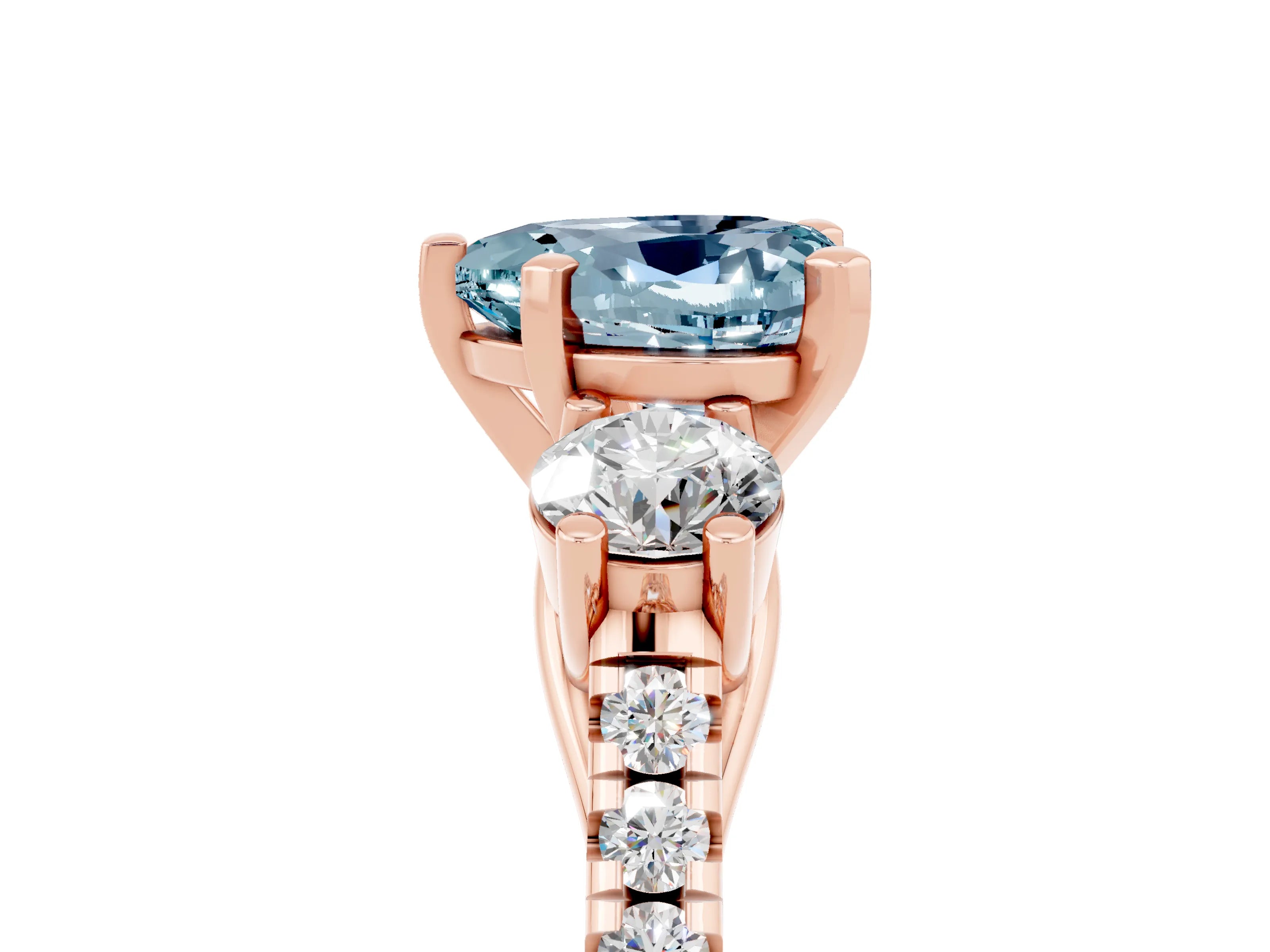 Rose gold Three-Stone Heart Cut Aquamarine Pavé Band with Four-Prong Setting_5