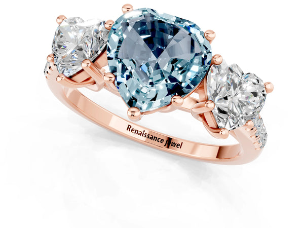 Rose gold Three-Stone Heart Cut Aquamarine Ring with Round  Pavé Band and Prong Setting