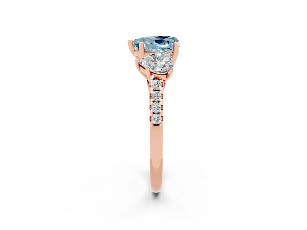 Rose gold Three-Stone Heart Cut Aquamarine Ring with Round  Pavé Band and Prong Setting