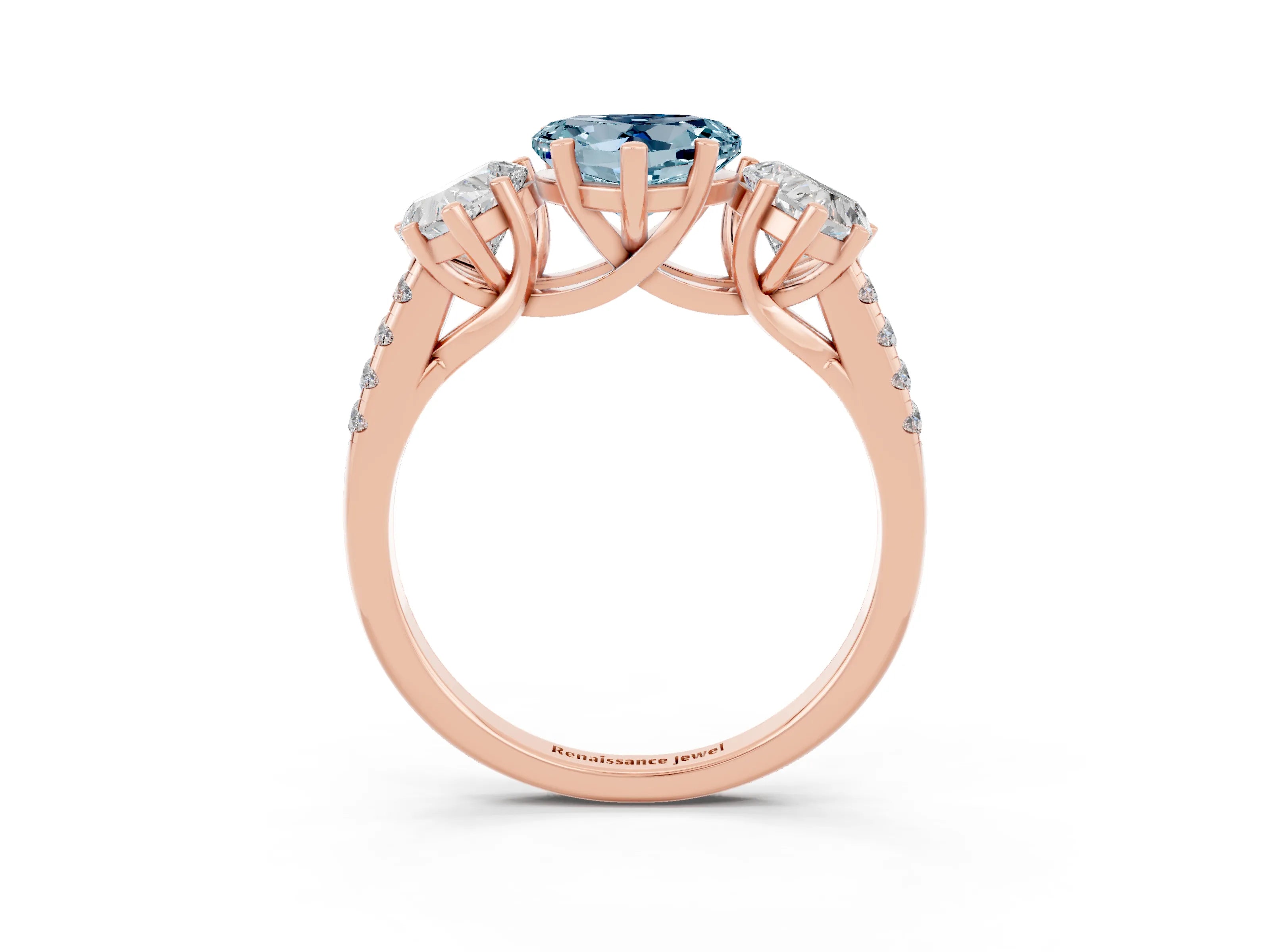 Rose gold Three-Stone Heart Cut Aquamarine Ring with Pavé Band and Prong Setting_15