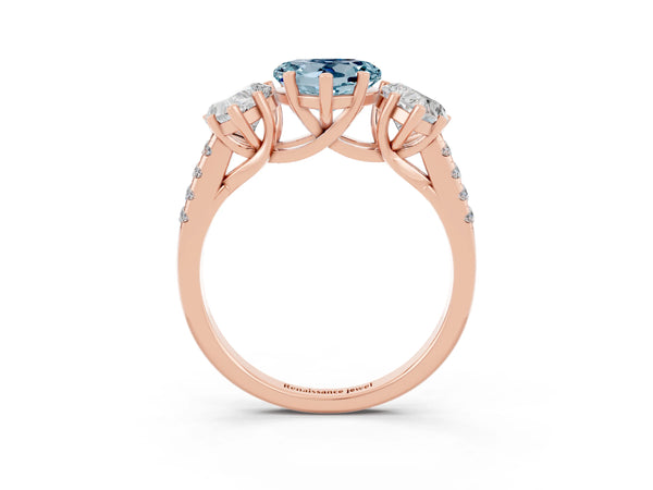 Rose gold Three-Stone Heart Cut Aquamarine Ring with Round  Pavé Band and Prong Setting