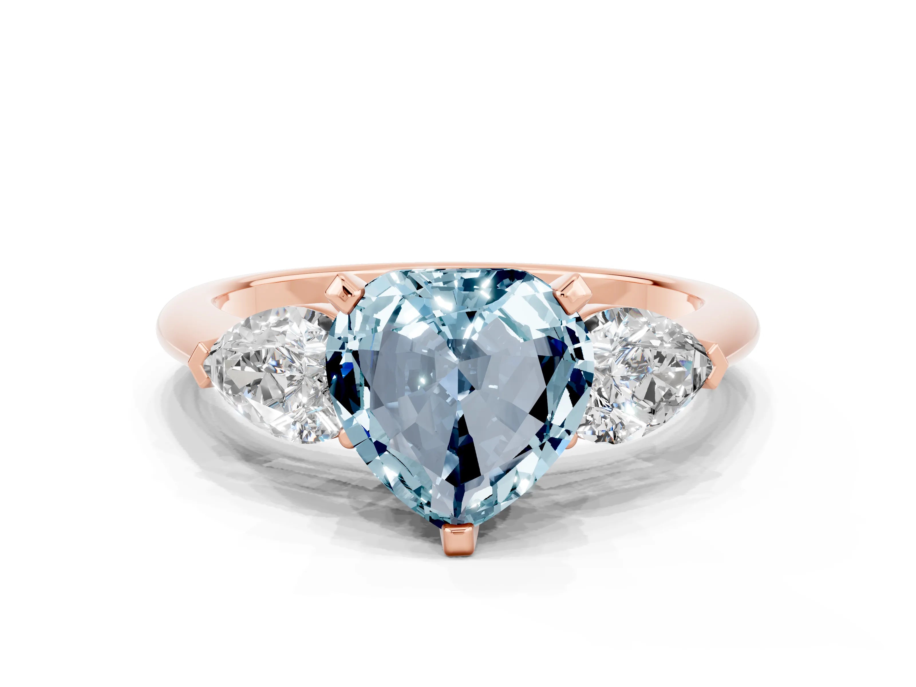 Rose gold Three-Stone Heart Cut Aquamarine Ring with Pear Side Stones and Four-Prong Setting