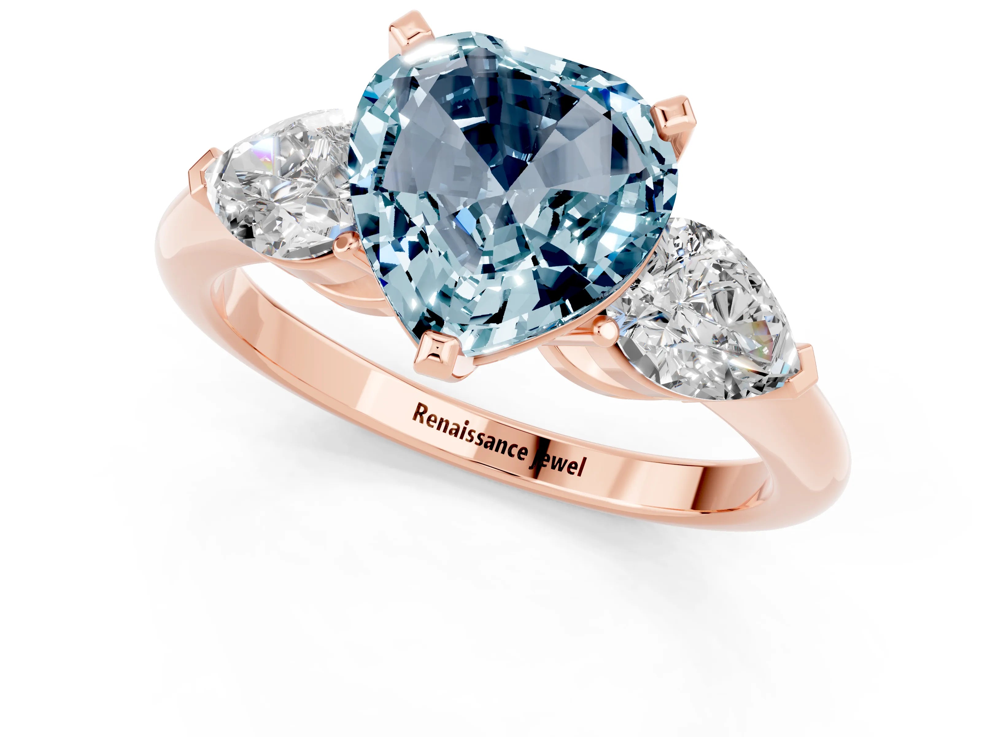 Rose gold Three-Stone Heart Cut Aquamarine Ring with Pear Side Stones and Four-Prong Setting_1