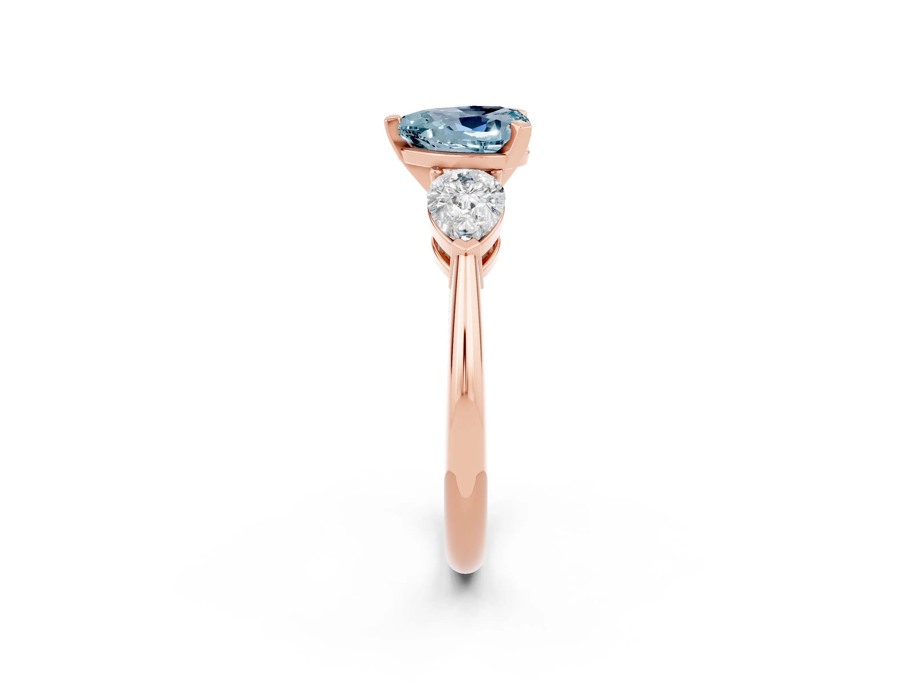 Rose gold Three-Stone Heart Cut Aquamarine Ring with Pear Side Stones and Four-Prong Setting_2