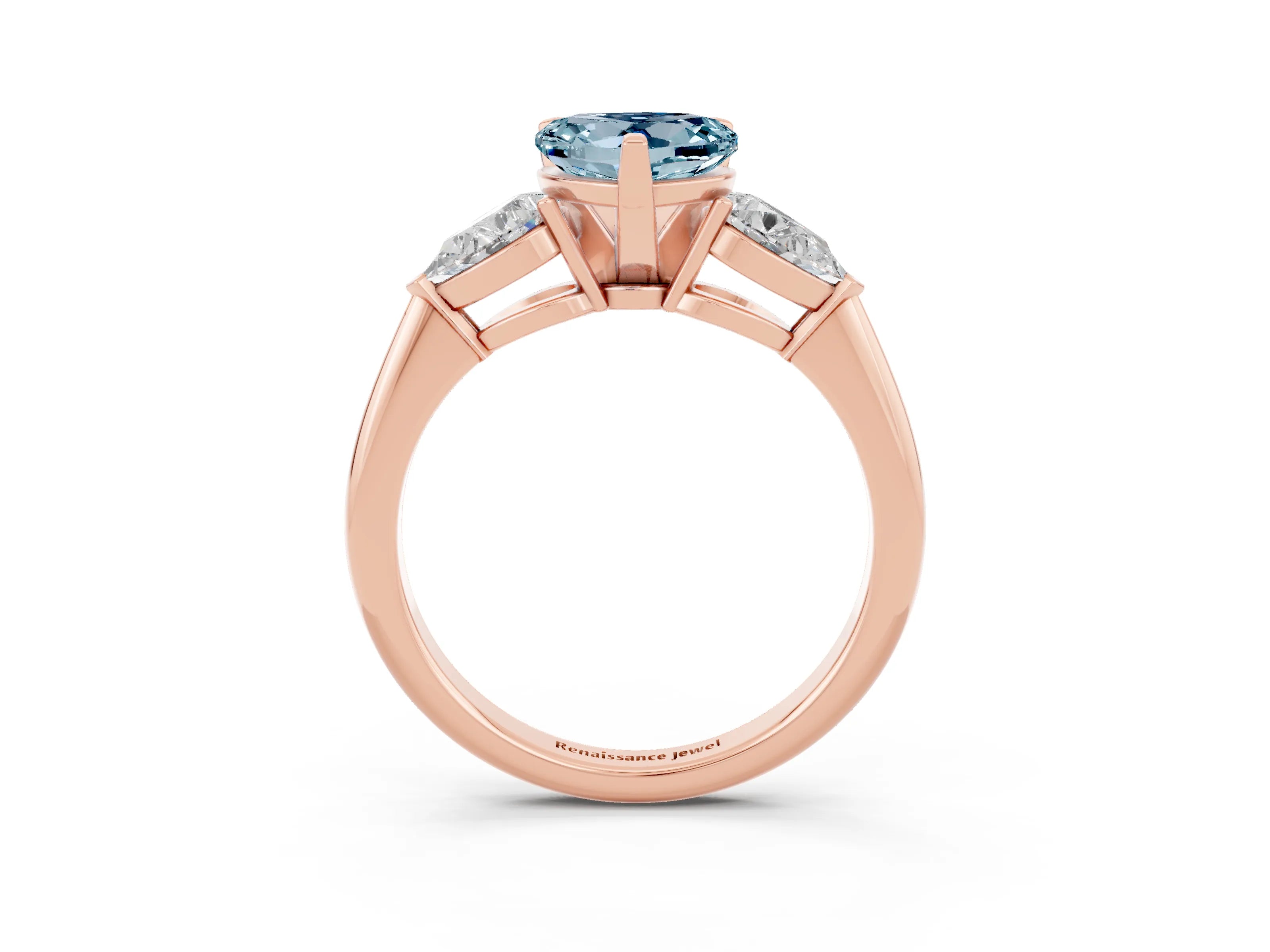 Rose gold Three-Stone Heart Cut Aquamarine Ring with Pear Side Stones and Four-Prong Setting_3