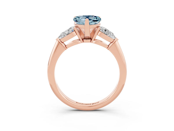 Rose gold Three-Stone Heart Cut Aquamarine Ring with Pear Side Stones and Four-Prong Setting