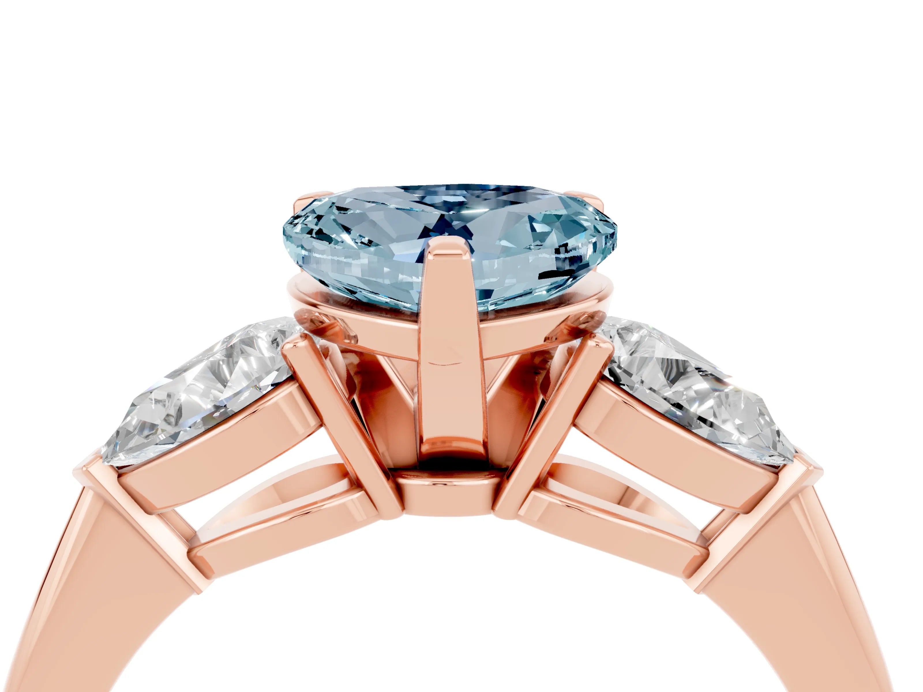 Rose gold Three-Stone Heart Cut Aquamarine Ring with Pear Side Stones and Four-Prong Setting_4