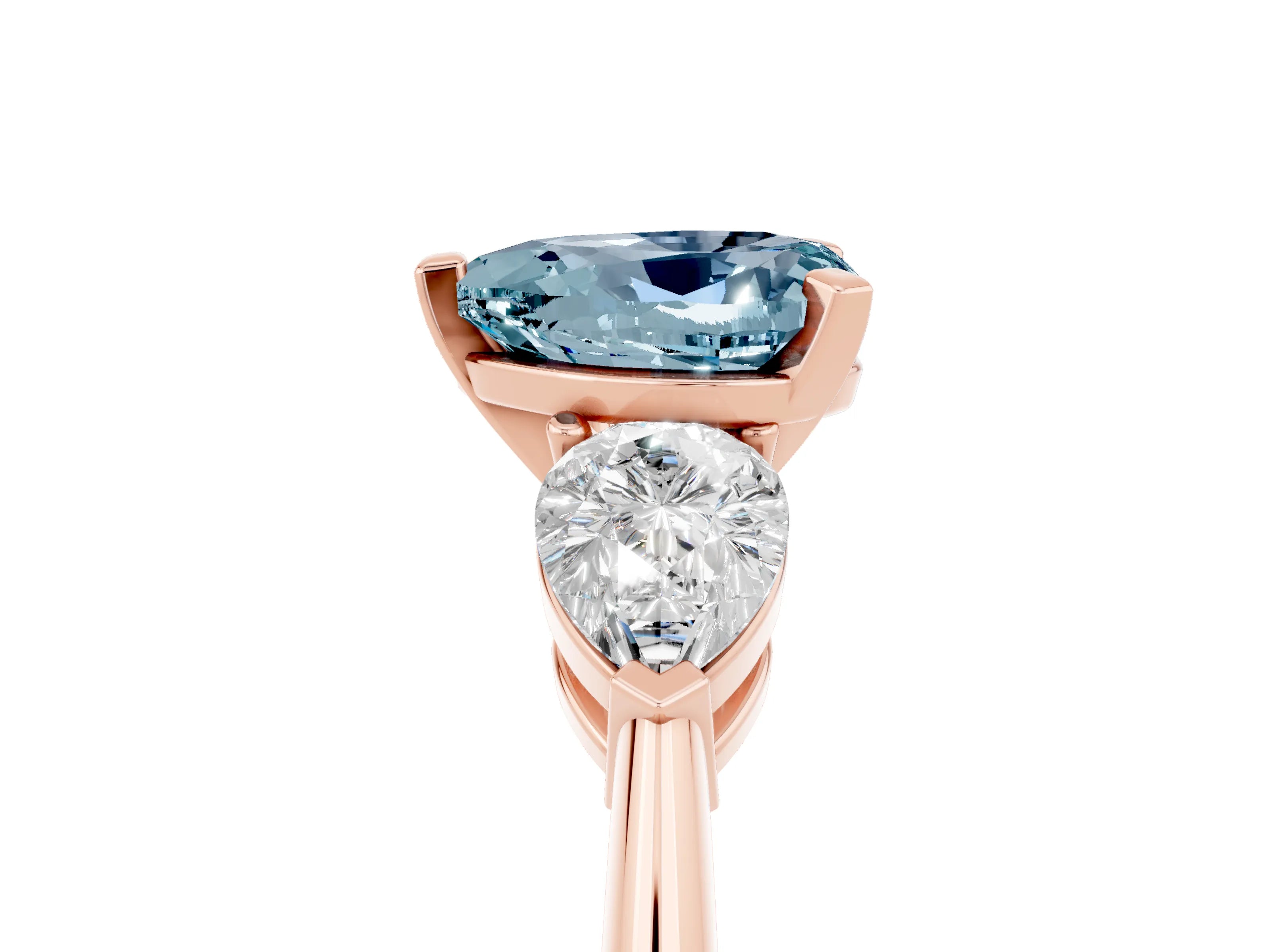 Rose gold Three-Stone Heart Cut Aquamarine Ring with Pear Side Stones and Four-Prong Setting_5
