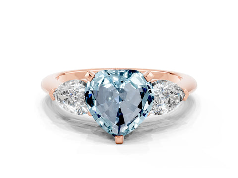 Rose gold Three-Stone Heart Cut Aquamarine Ring with Pear Side Stones and Four-Prong Setting