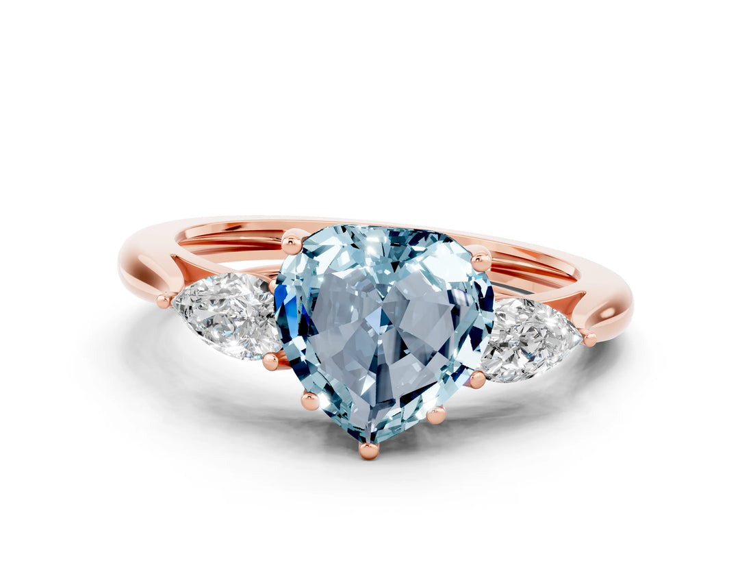Rose gold Three-Stone Heart Cut Aquamarine Ring with Pear  Side Stones in Four-Prong Setting_12