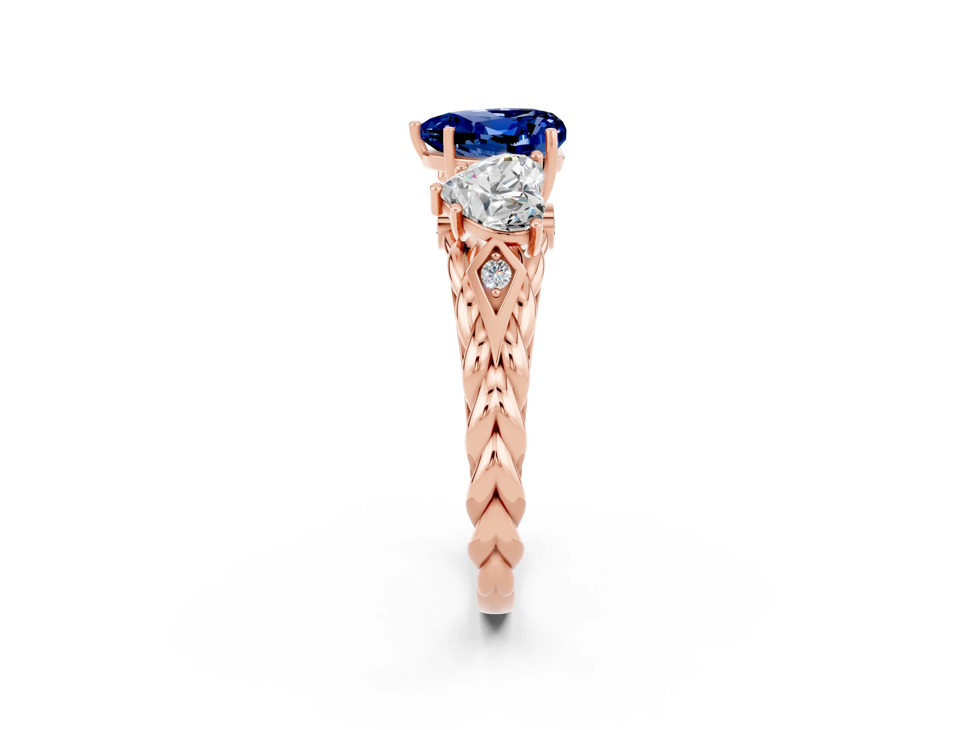 Rose gold Three-Stone Heart Cut Blue Sapphire Braided Band Ring with Four-Prong Setting_14