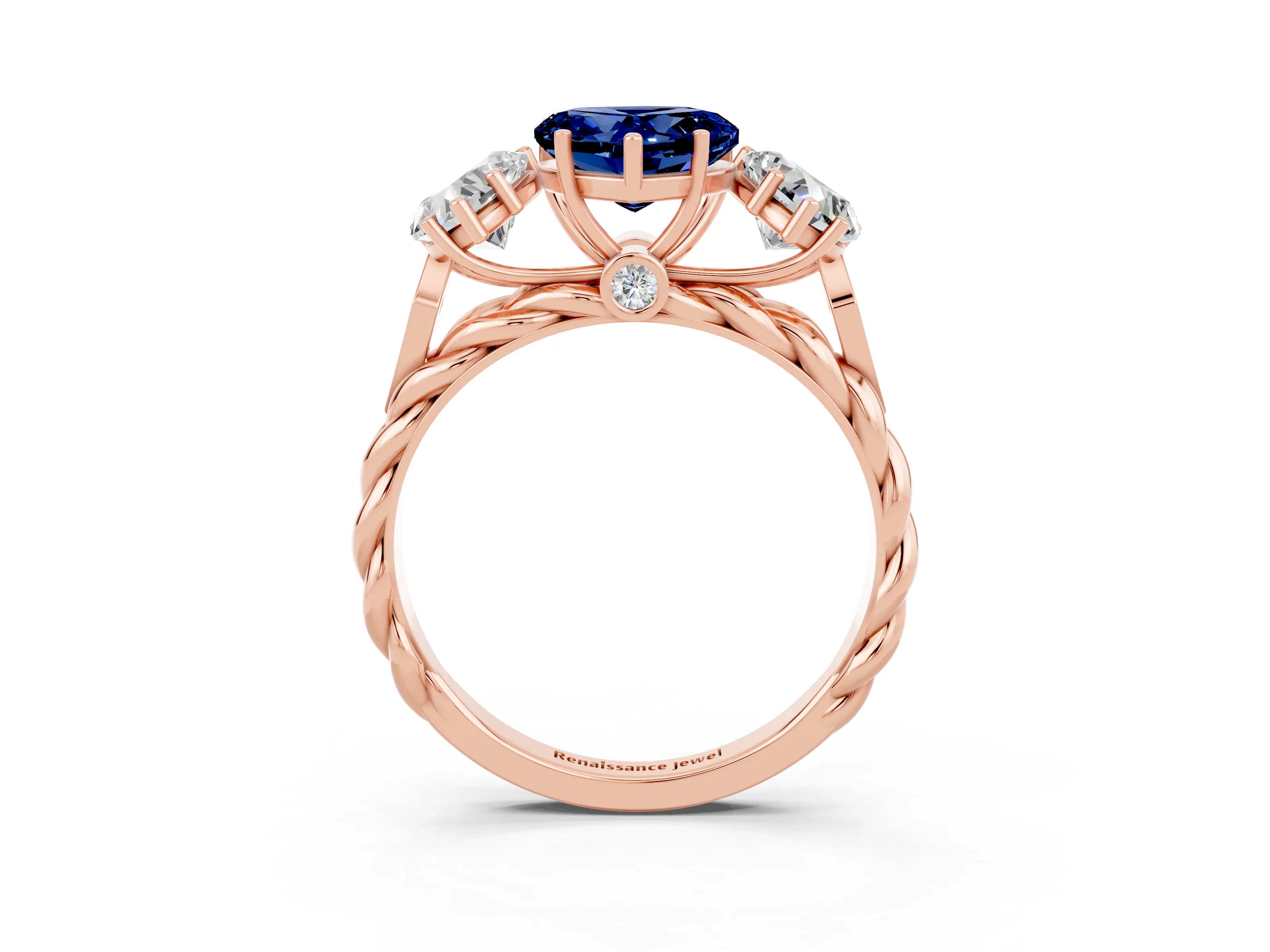 Rose gold Three-Stone Heart Cut Blue Sapphire Braided Band Ring with Four-Prong Setting_15