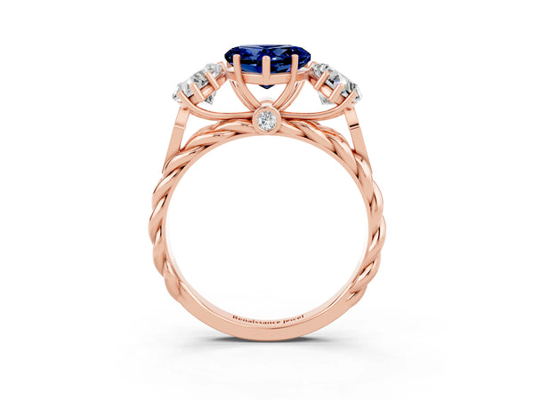 Rose gold Three-Stone Heart Cut Blue Sapphire Braided Band Ring with Four-Prong Setting