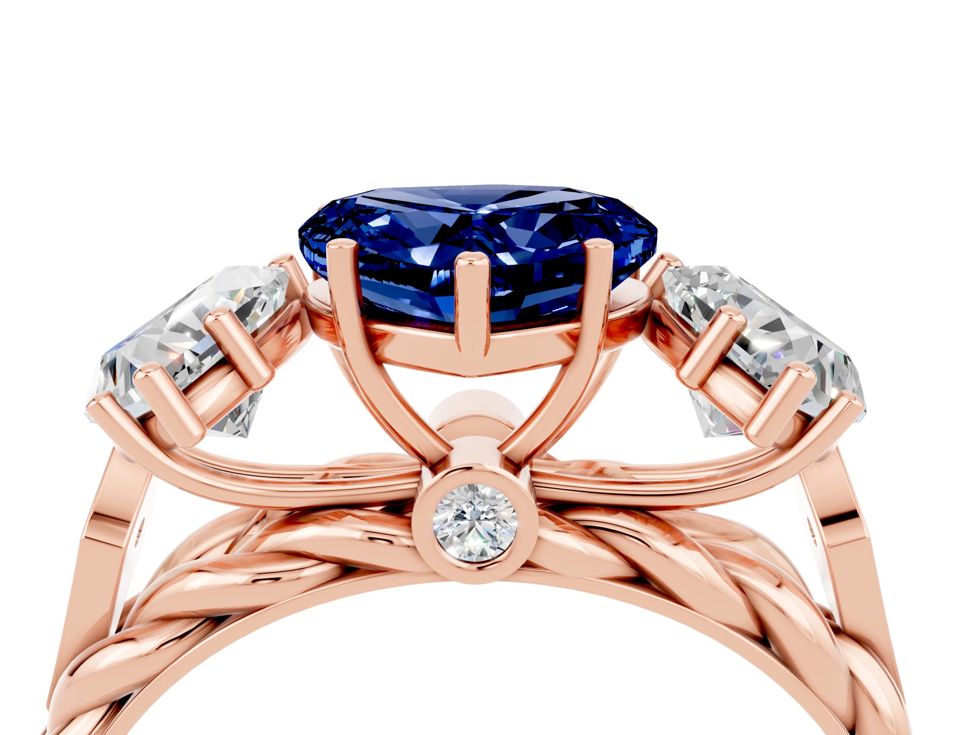 Rose gold Three-Stone Heart Cut Blue Sapphire Braided Band Ring with Four-Prong Setting_16