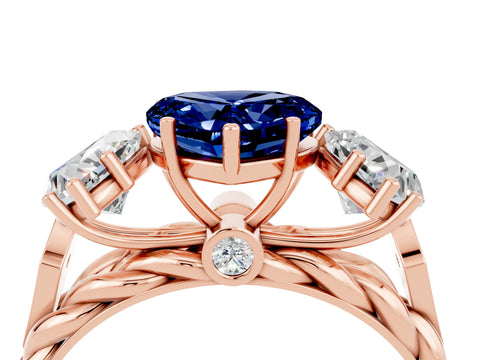 Rose gold Three-Stone Heart Cut Blue Sapphire Braided Band Ring with Four-Prong Setting_16