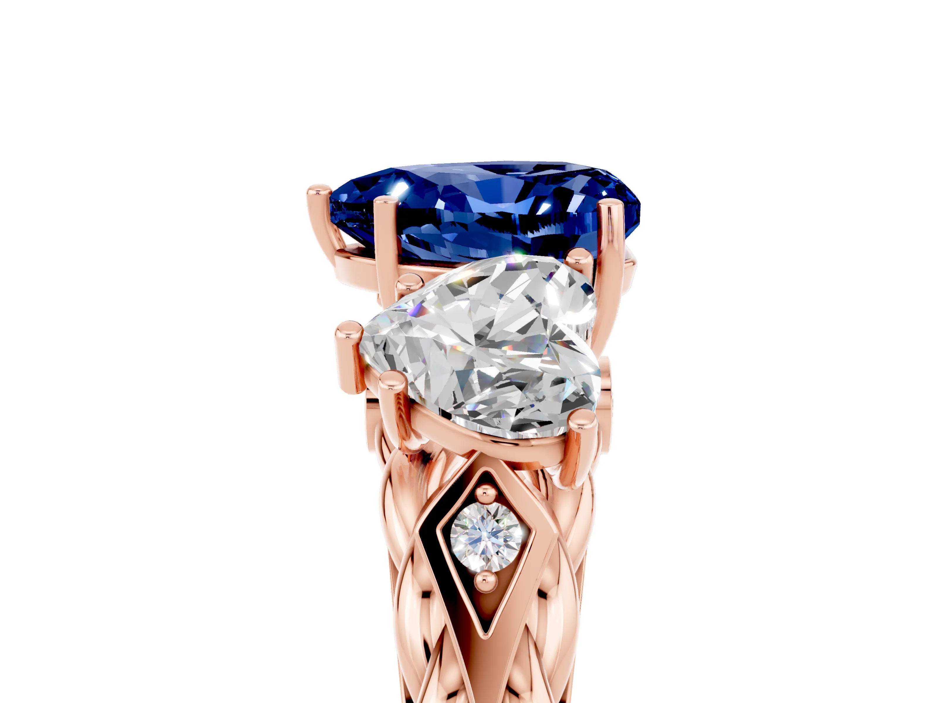 Rose gold Three-Stone Heart Cut Blue Sapphire Braided Band Ring with Four-Prong Setting_17