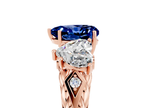 Rose gold Three-Stone Heart Cut Blue Sapphire Braided Band Ring with Four-Prong Setting_17