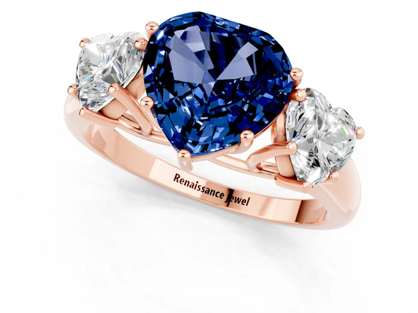 Rose gold Three-Stone Heart Cut Blue Sapphire Engagement Ring with Prong Setting