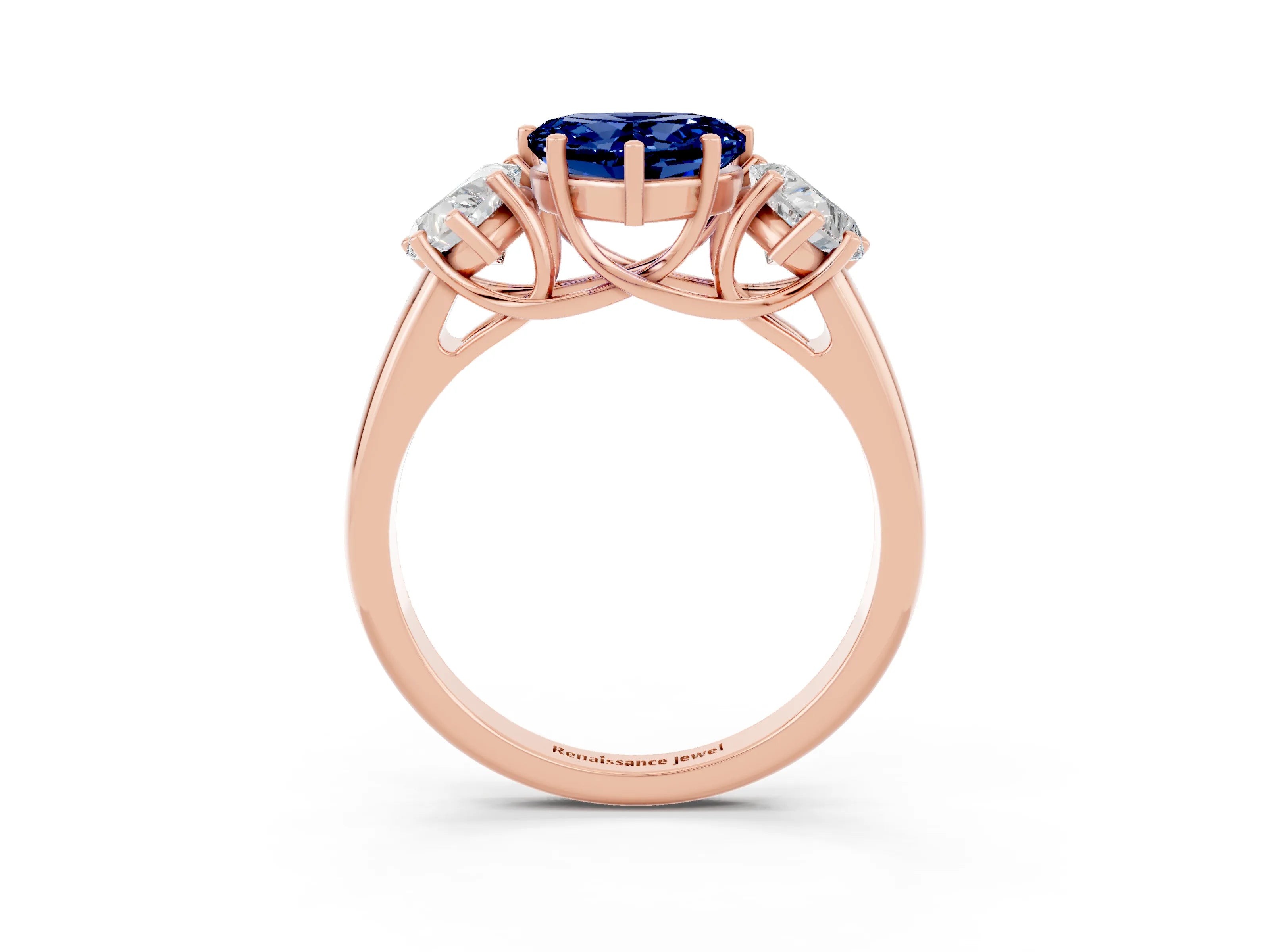 Rose gold Three-Stone Heart Cut Blue Sapphire Engagement Ring with Prong Setting_3