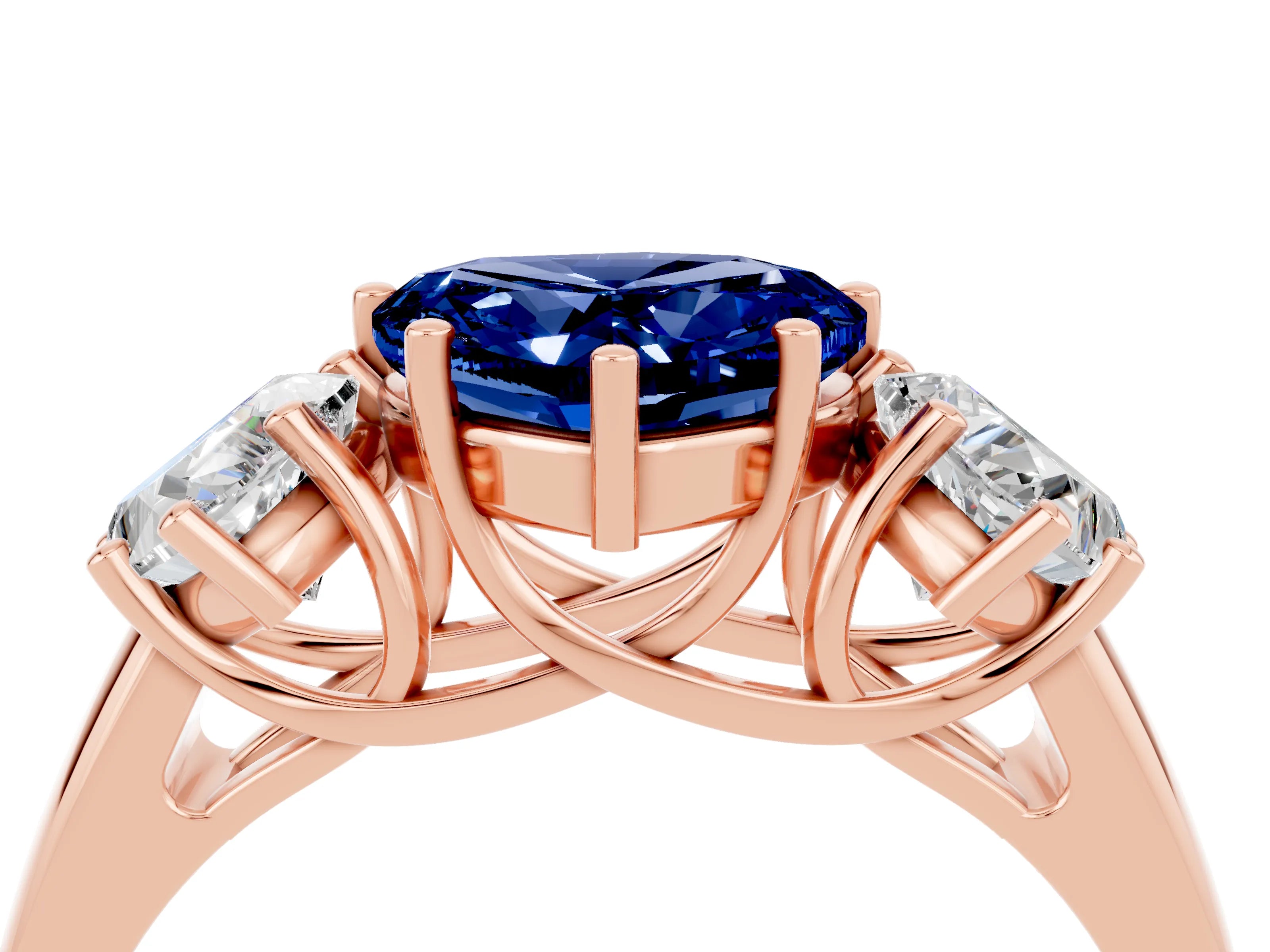 Rose gold Three-Stone Heart Cut Blue Sapphire Engagement Ring with Prong Setting_4