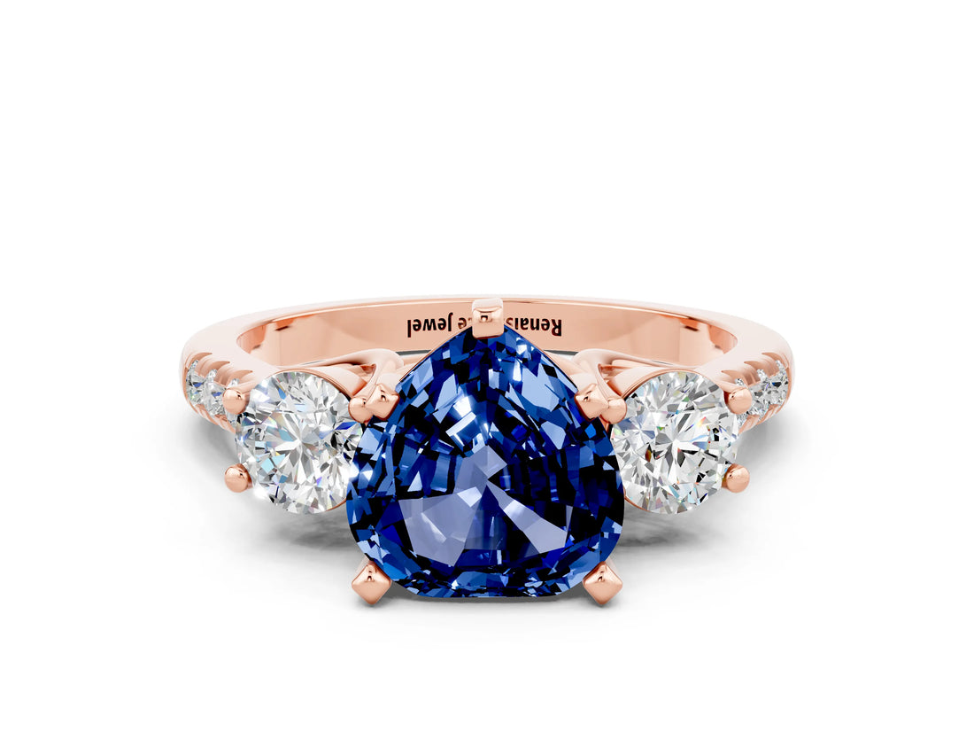 Rose gold Three-Stone Heart Cut Blue Sapphire Pavé Band with Four-Prong Setting